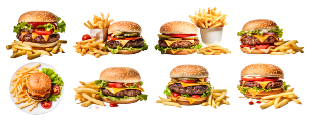 Hamburger and French Fries isolated on a transparent PNG background, white background , Generative Ai