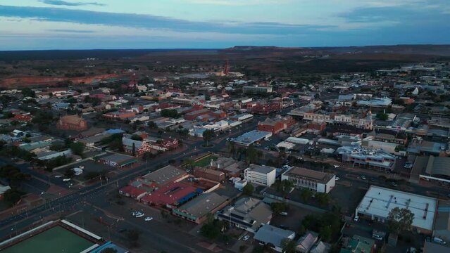 drone shot over Kalgoorlie Boulder at sunset, famous australian mining town in the outback, Western Australia