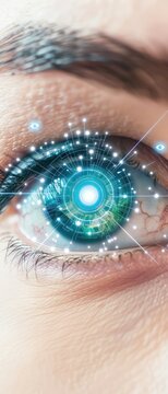 Android girl eye. Future world concept. Human cyborg eye.