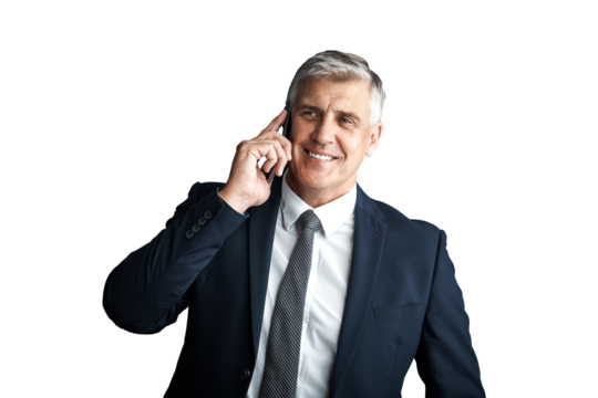 Senior executive, man in business with phone call for deal negotiation and CEO isolated on png transparent background. Communication, corporate contact and chat on mobile for company with smile