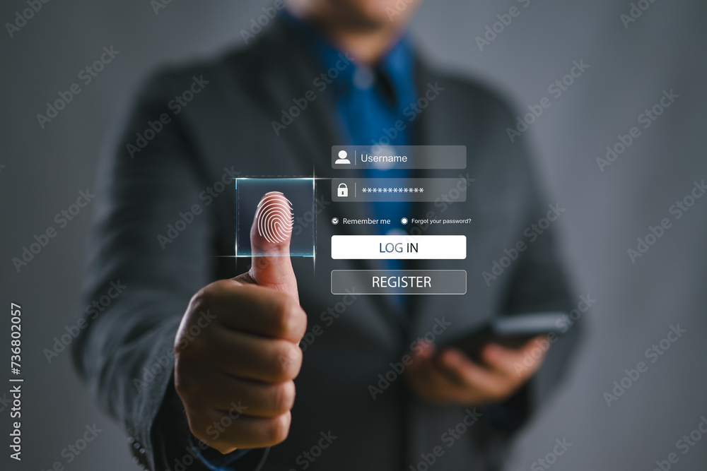 Leinwandbilder User's online security check system. Businessman using fingerprint. Digital transformation technology strategy, transformation of ideas and the adoption of technology in business in the digital age.