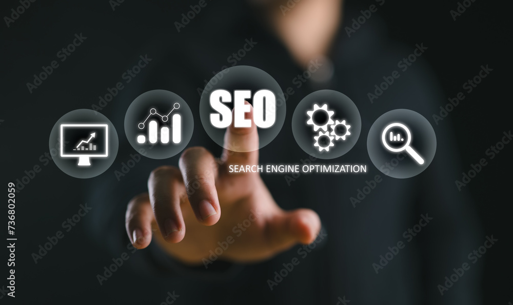 Poster seo search engine optimization marketing ranking traffic website internet business technology concep