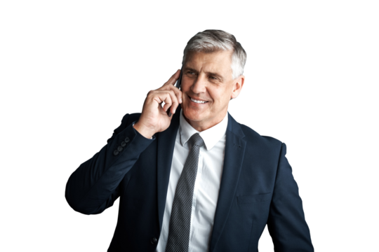 CEO, senior executive and man in business with phone call for deal negotiation isolated on png transparent background. Communication, corporate contact and chat on mobile for company with smile
