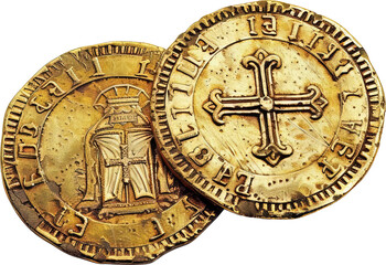 Ancient gold coins isolated on transparent background. PNG