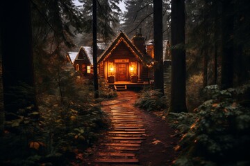 A candlelit path leading to a cozy cabin