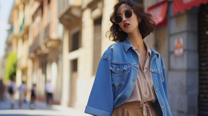 Obraz premium A collared polo shirt paired with a denim jacket and culottes creating a modern and preppy street style look.