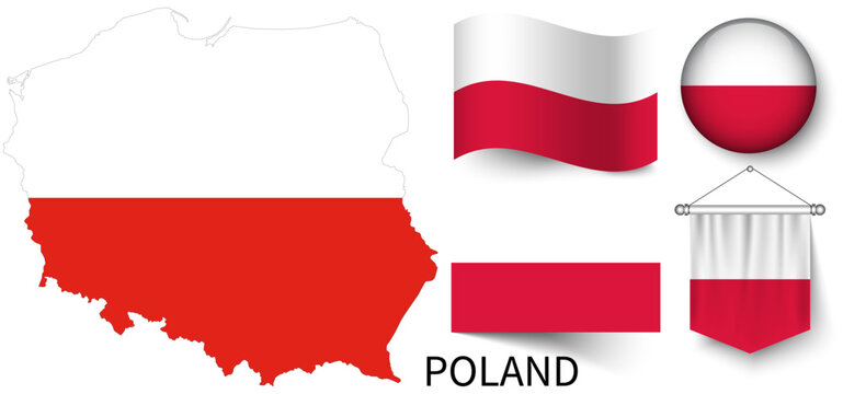 Fototapeta The various patterns of the Poland national flags and the map of Poland's borders