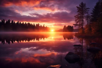 Keuken spatwand met foto A radiant sunrise over a tranquil lake © KerXing