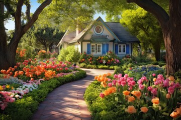 Fototapeta na wymiar A serene garden with colorful afternoon blooms