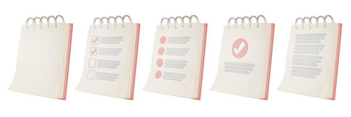 set of 5 pink covered notepads as checklist, contract and more on transparent background. 3d illustration