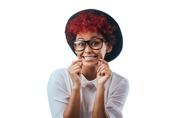 Fashion, happy and portrait of woman with glasses on isolated, png and transparent background Confidence, humor and person with red hair in stylish outfit, trendy accessories and casual clothes
