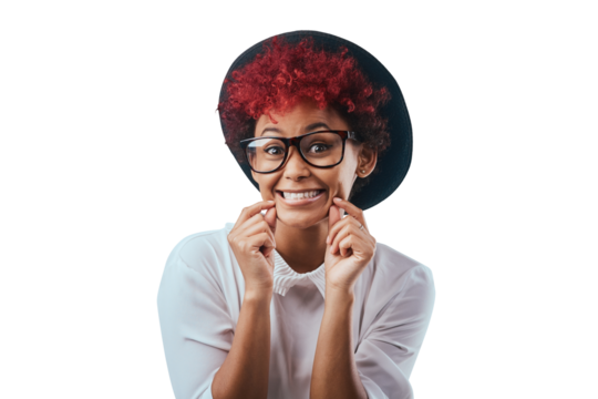 Fashion, happy and portrait of woman with glasses on isolated, png and transparent background Confidence, humor and person with red hair in stylish outfit, trendy accessories and casual clothes