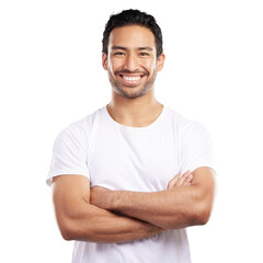 Isolated man, arms crossed and smile in portrait with confidence, trendy style and transparent png...
