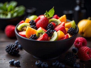 fruit salad in a bowl in black background
