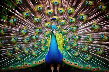 Obraz premium A colorful peacock displaying its vibrant plumage, A detailed illustration of a peacock s head and its vibrant, colorful feathers in full display, Ai generated