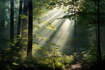 Sunbeams filtering through thick evergreen foliage