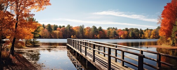 Fototapeta na wymiar Autumn season nature landscape, lake bridge in fall