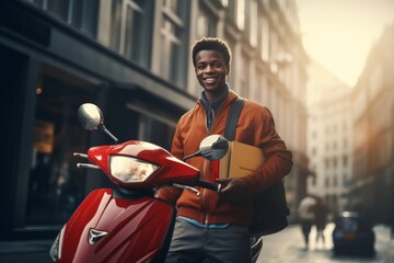 Smiling young man with scooter holding a folder in the city