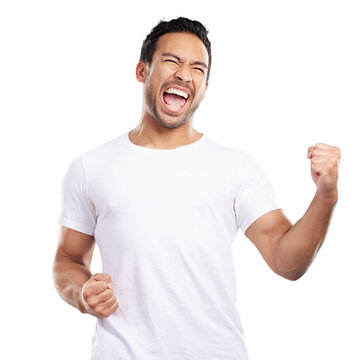 Isolated man, happy and fist celebration, success and goals with shout by transparent png background. Asian person, model and winner with cheers, clothes and excited for giveaway prize in Indonesia