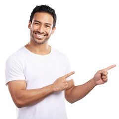 Smile, portrait and man pointing at presentation, announcement or isolated on a transparent png...