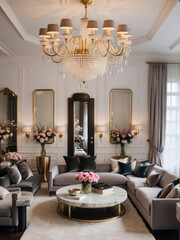 Luxury living room interior design with chandelier