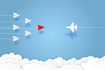 Group of paper plane fight with fighter plane to go to success goal vector business financial concept start up, leadership, creative idea symbol paper art style with copy space for text. illustration