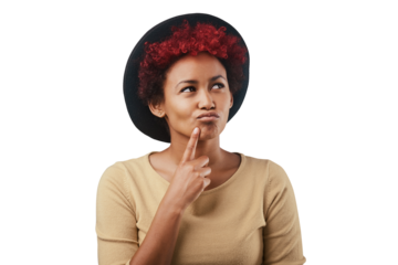 Fashion, ideas and black woman with hat thinking isolated on transparent png background. Vision, confused and unsure person in cool outfit, trendy style and casual clothes with decision or choice