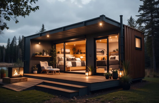 Modern tiny house made from old shipping containers. Shipping container houses is sustainable, eco-friendly living accommodation or holiday home
