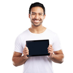 Man, tablet and screen in portrait with space for mock up, promotion and isolated by transparent png background. Person, happy and digital touchscreen with ui, user experience and app in Indonesia