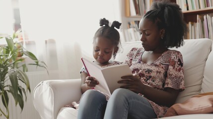 Little black girl learning to read with mother - obrazy, fototapety, plakaty