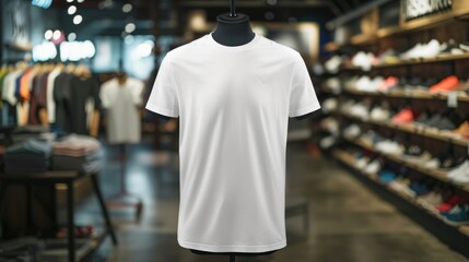 A white T-shirt on a mannequin in a store window. Blank t-shirt mockup. - obrazy, fototapety, plakaty