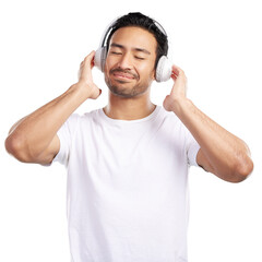 Isolated man, headphones and happy for music, streaming subscription and transparent png...