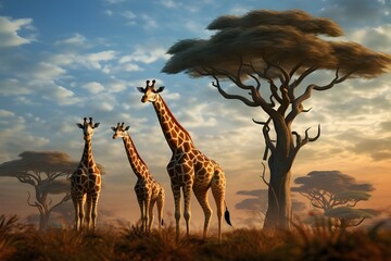 A group of giraffes grazing on treetops in the African savannah, creating a surreal scene.
