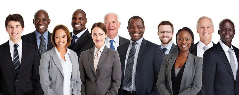 Group of ethnically diverse successful business team on white background