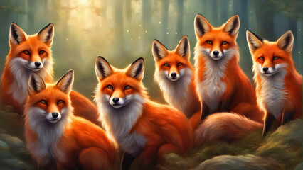 Group of red fox in a forest.