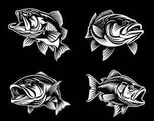 Bass Fish Icon Sheet: Versatile Vector Set for Fishing and Outdoors.