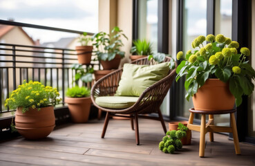 Fototapeta na wymiar Beautiful balcony or terrace with wooden floor, chair and green potted flowers plants. Cozy relaxing area at home. Sunny stylish balcony terrace in the city