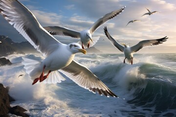 A group of seagulls soaring in a coastal breeze.3d rendered a group of seagulls flying under a blue...