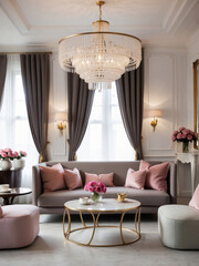 Luxury living room interior design with chandelier