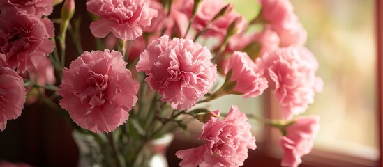 Pink carnations in a vase, for a love-themed backdrop, seen up close.