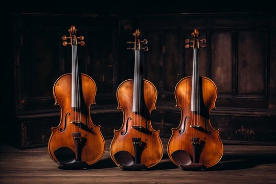 Three identical violins in a symphony orchestra