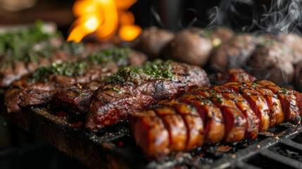 Indulge in a true Argentinian asado featuring a variety of mouthwatering grilled meats such as matambre choripan and bife de lomo. The faint smell of smoke and the sound of