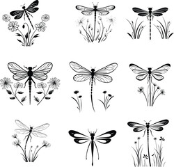 dragonfly silhouette, logo, set vector illustration