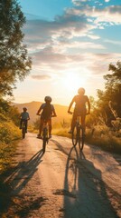 Family on the bike. Sunset summer background 