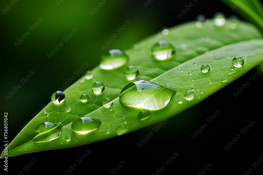 Poster a close up of a single raindrop on a leaf, symbolizing life's resilience in even the smallest forms