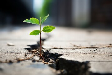 A close up of a seedling sprouting from a crack in a concrete sidewalk, representing resilience