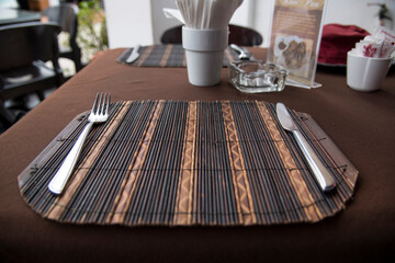 View of the table settings in the restaurant of Luang Prabang, Laos