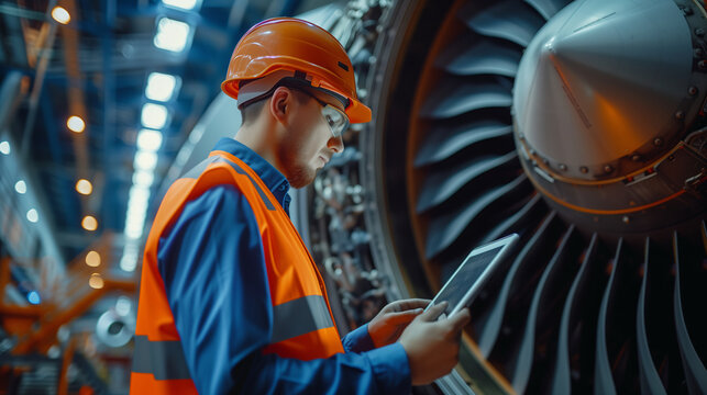 Aviation engineer examining the engine of a commercial airplane with a digital tablet in hand, displaying maintenance data in the spacious aircraft repair factory.