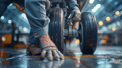 Close-up of an aviation engineer’s hands adjusting components of a commercial airplane’s landing gear in the spacious aircraft repair factory. - obrazy, fototapety, plakaty