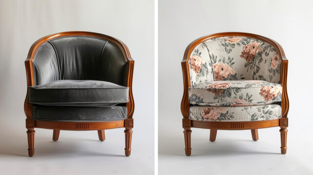 A before and after comparison of a tiredlooking armchair covered in an outdated floral fabric transformed into a chic and modern statement piece with a sleek gray velvet upholstery.
